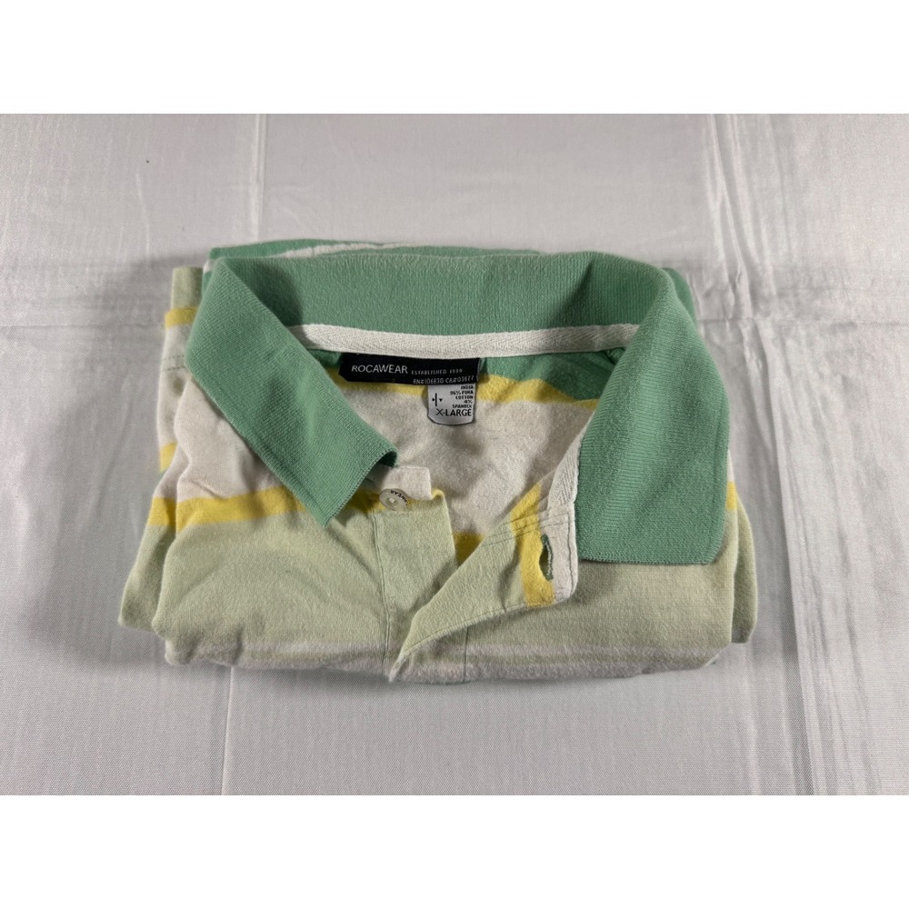 Vintage Rocawear Men XL Polo Shirt Green Yellow Striped Pima Cotton Short Sleeve